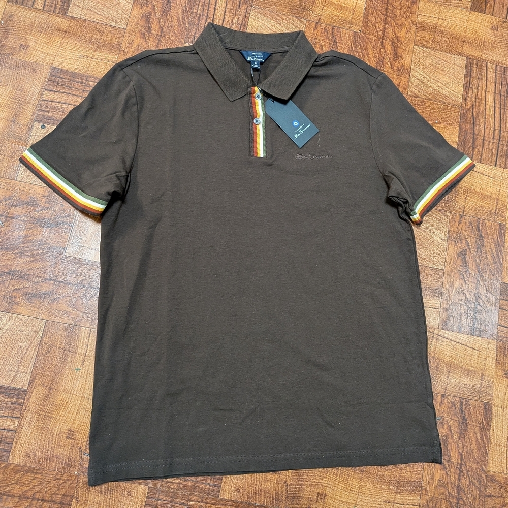 Ben Sherman NWT Dark Brown Striped Retro Classic Button Up Men's Polo Medium